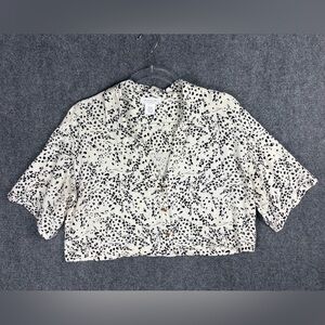 Kirious Los Angeles Cropped Button Front Blouse Cream Black Print Size L